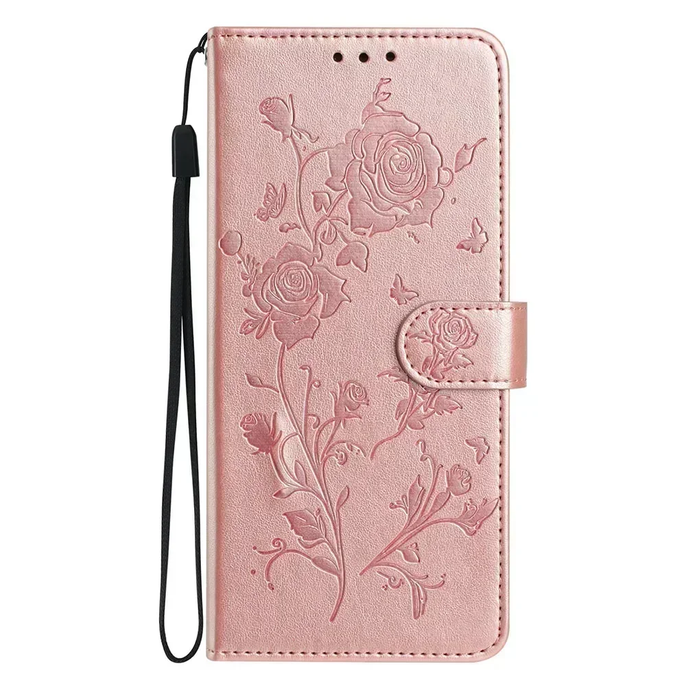 Butterfly Embossed Leather Wallet Phone Case with Card Slots and Strap