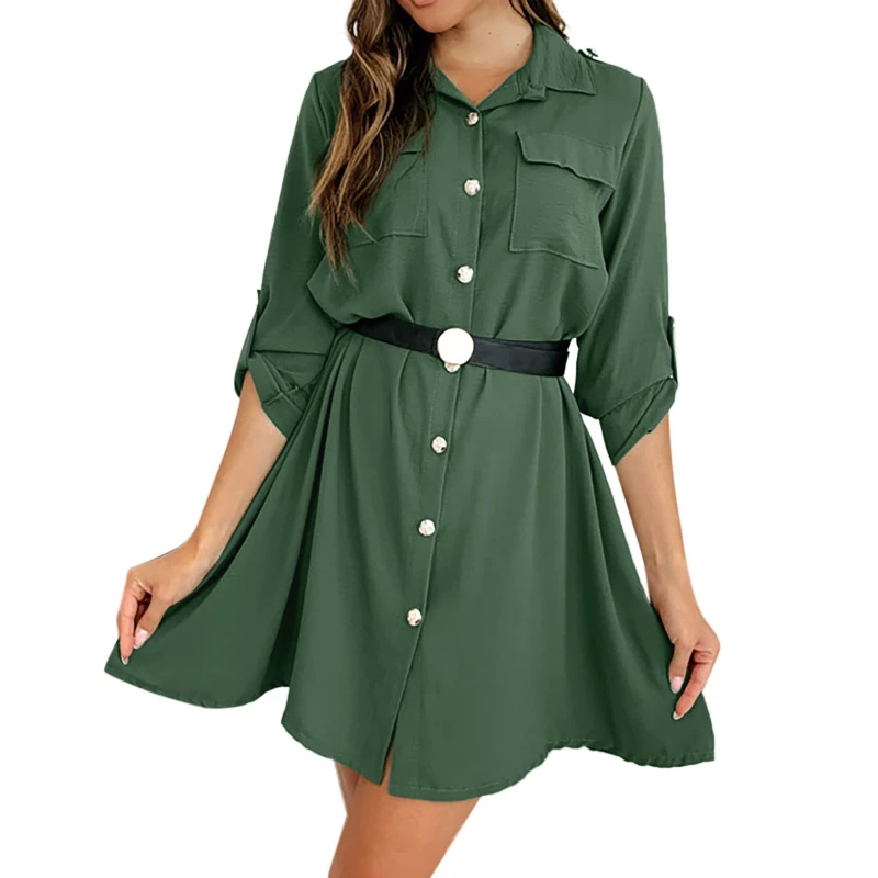 

Lady Office Shirt Dress Spring Long Sleeve Buttons Up Shirt Dress Fashion Turn-down Collar Solid Color Party Dresses Casual Robe
