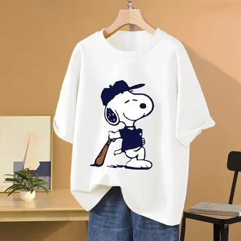 Snoopy Baseball Cartoon Anime Women T-shirt Summer Short Sleeve 100% Cotton Men Tee Shirts Tops 2025 New Fashion Couple Clothes 1