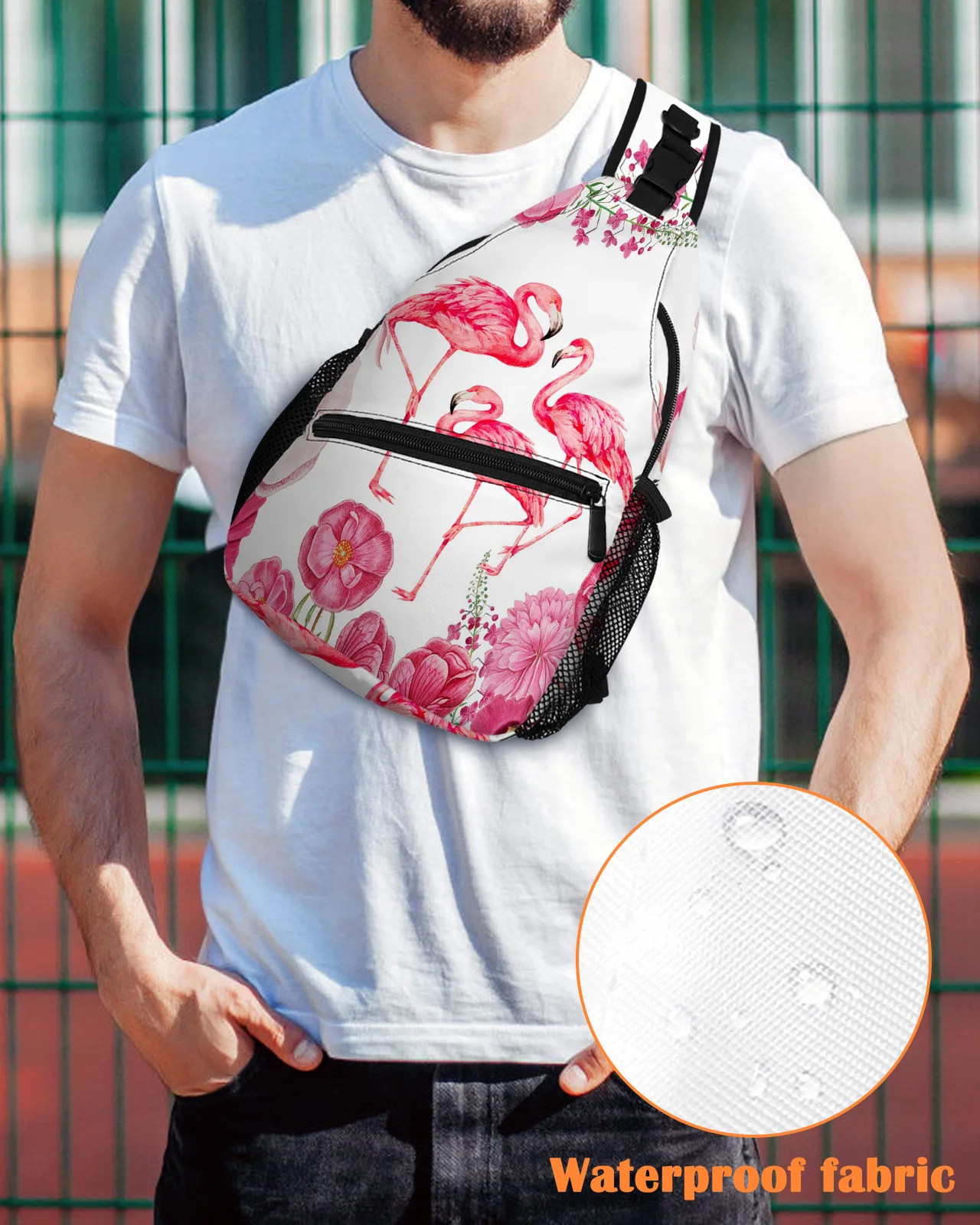 

Flamingo Flower Watercolor Chest Bag for Men Casual Sports Shoulder Bag Women's Travel Waterproof Messenger Bag