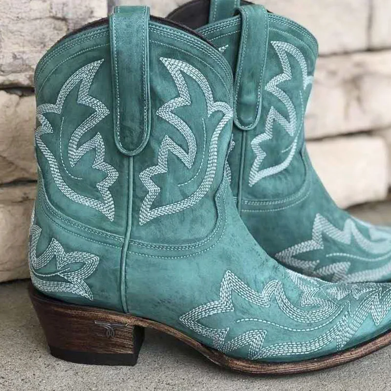 2023 Classic Embroidered Western Cowboy Boots for Women Pu Cowgirl Boots Low Heel Shoes Knee High Woman Ankle Boots Cowboy Botas