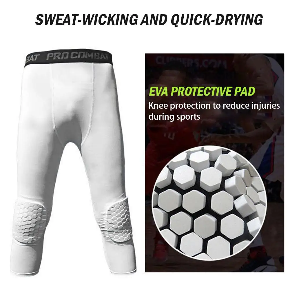 Compression Pants with Knee Pads Honeycomb Padding 3/4 Length Not