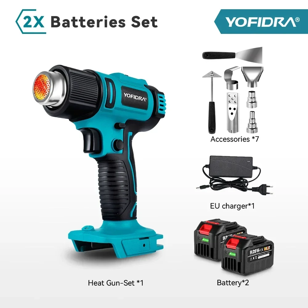 Pistola de aire caliente Yofidra de 550 ℃, 2500 W, temperatura de 2.ª marcha, velocidad del viento de 6.ª marcha, pantalla LED de temperatura para pistola de calor de batería Makita de 18 V