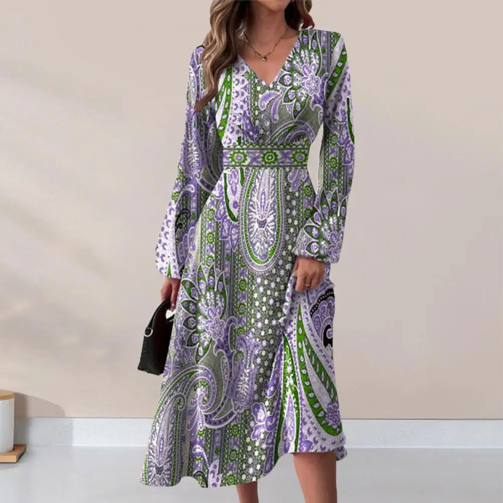 

Women Dress Retro Ethnic Style Print High Tight Waist V Neck Long Sleeve A-line Long Lantern Sleeve Big Swing Lady Midi Dress