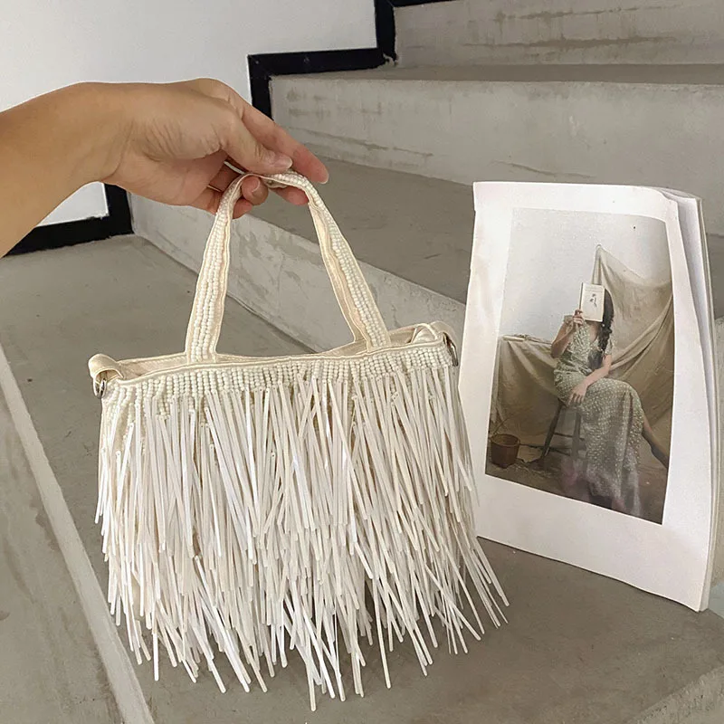 Casual Tassel Woven Women Shoulder Bags Handmade Fringe Lady Handbags Summer Beach Large Tote Bag Big Shopper Purse for Vacation