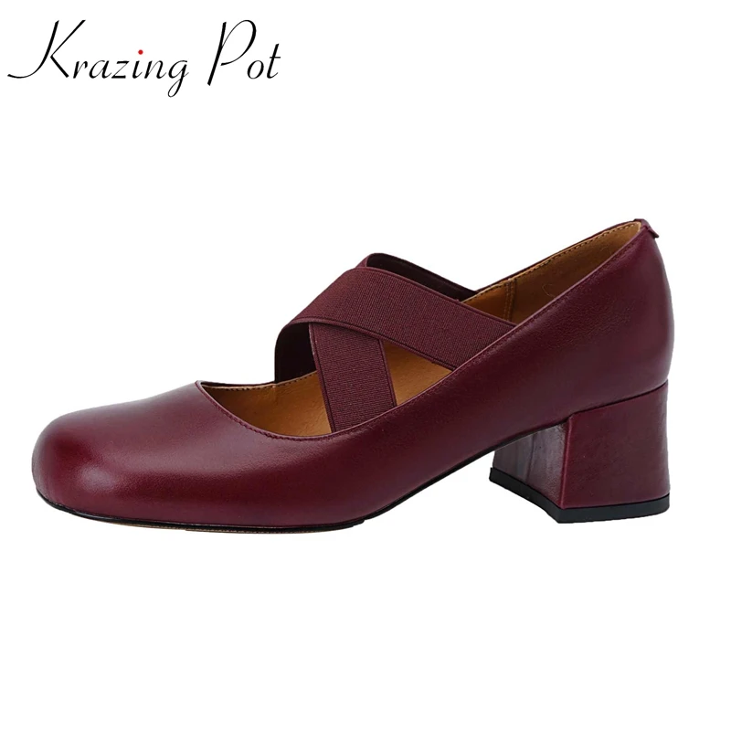 

Krazing Pot 2022 New Arrival Brand Shoes Full Grain Leather Round Toe High Heels Retro Fashion Elastic Band Cozy Women Pumps L58