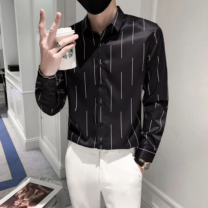 

Spring Autumn Polo-neck Korean Fashion Printing Bottoming Blouse Homme Long Sleeve Slim Casual All-match Buttons Blouse Top Men