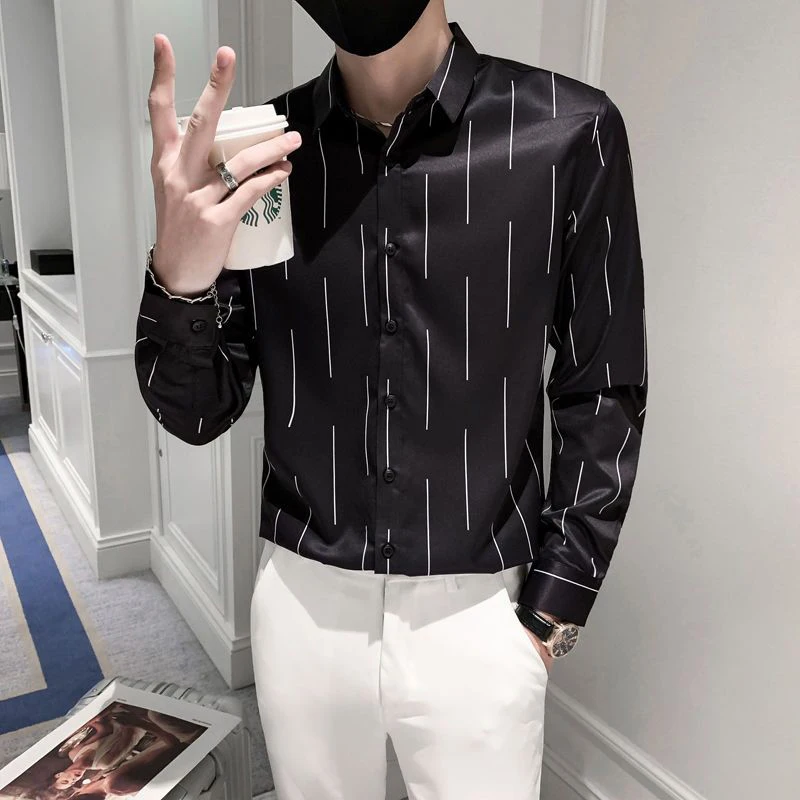 Spring Autumn Polo-neck Korean Fashion Printing Bottoming Blouse Homme Long Sleeve Slim Casual All-match Buttons Blouse Top Men