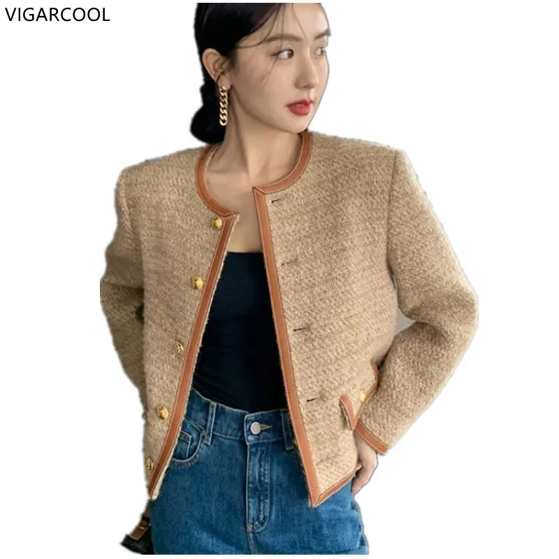 

2022 Autumn Winter Temperament Single-Breasted WoolenOutwerwear French Vintage Small Fragrance Women Patchwork Tweed Short Coat