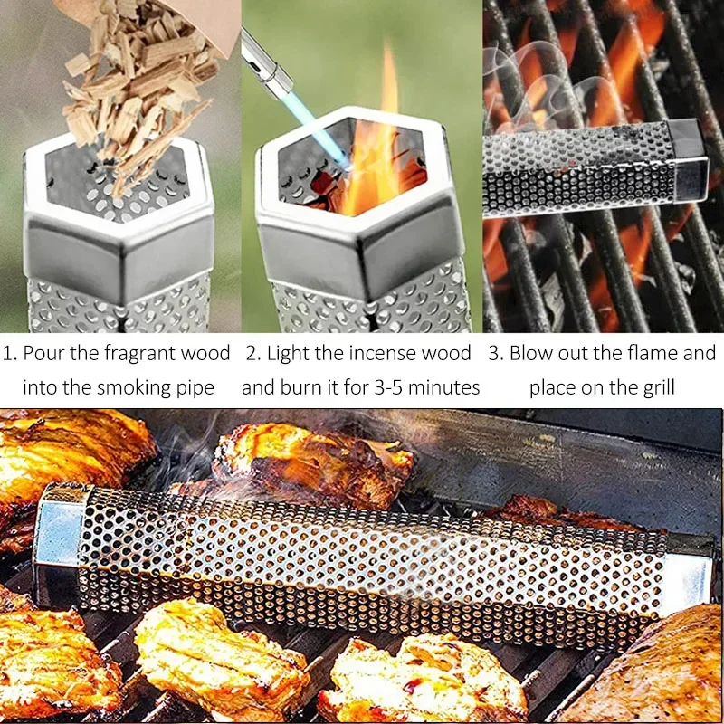 Stainless Steel BBQ Smoker Grill Tube Perforated Mesh Smoker Tube Filter Gadget Generator Pellet Smoking BBQ Accessories Tools