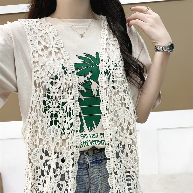 Summer Beige White Crochet Lace Vests For Women Holiday Beach
