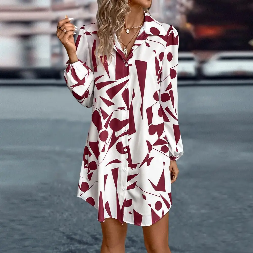Lantern Sleeve Dress Printed Loose Fit Mini Dress with Turn-down Collar Lantern Sleeves for Women Soft Stylish Single-breasted