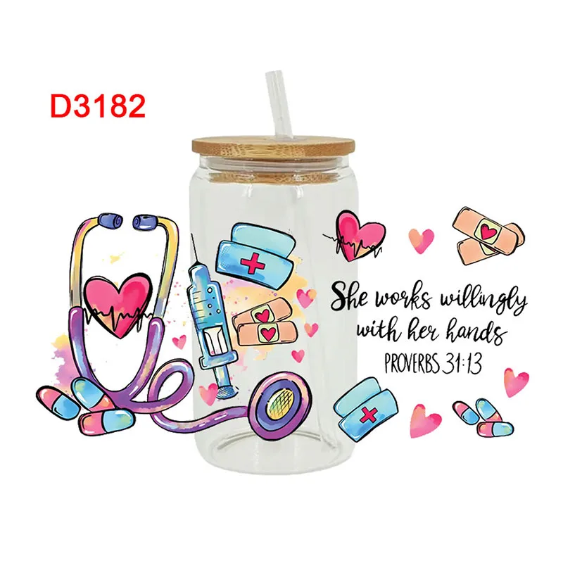UV DTF Transfer Sticker Nurse Health For The 16oz Libbey Glasses Wraps Bottles Cup Can DIY Waterproof Decals 2462 DTF Transfer Sticker