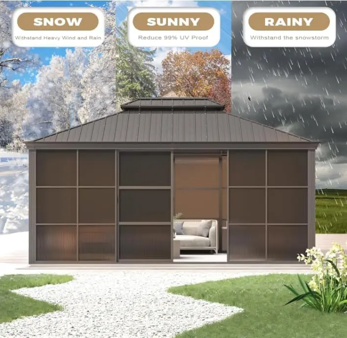 12' x 16' Sunroom, All-Season Solarium Gazebo with Sliding Doors & Lockable PC Screen Walls, Outdoor Permanent Sunroom with