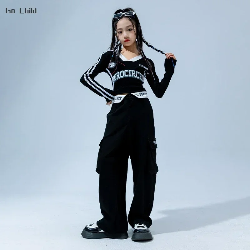 Hip Hop Girls Crop Polo Shirt Cargo Pants Kids Sweatshirt Street Dance Letter Joggers Child Streetwear Clothes Sets Jazz Costume