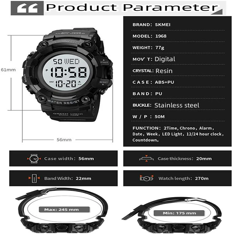 Skmei Men's Military Watches Fashion Big Dial Digital Wristwatch Luxury Outdoor Sports Dual Time Led Waterproof Alarm Clock 3