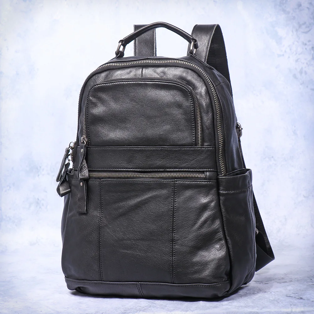 Men's Full-Grain Leather Backpack Slim Black Cowhide Laptop Bag for Office & Campus