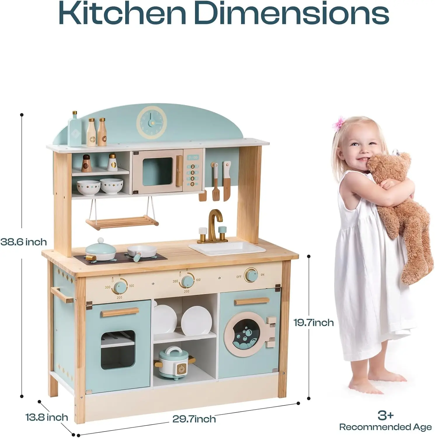 Robotime Wooden Play Kitchen Set Pretend Play Kitchen Wooden Toy Set with Dishwasher for Boys and Girls Ages 3 Brown Blue Pink