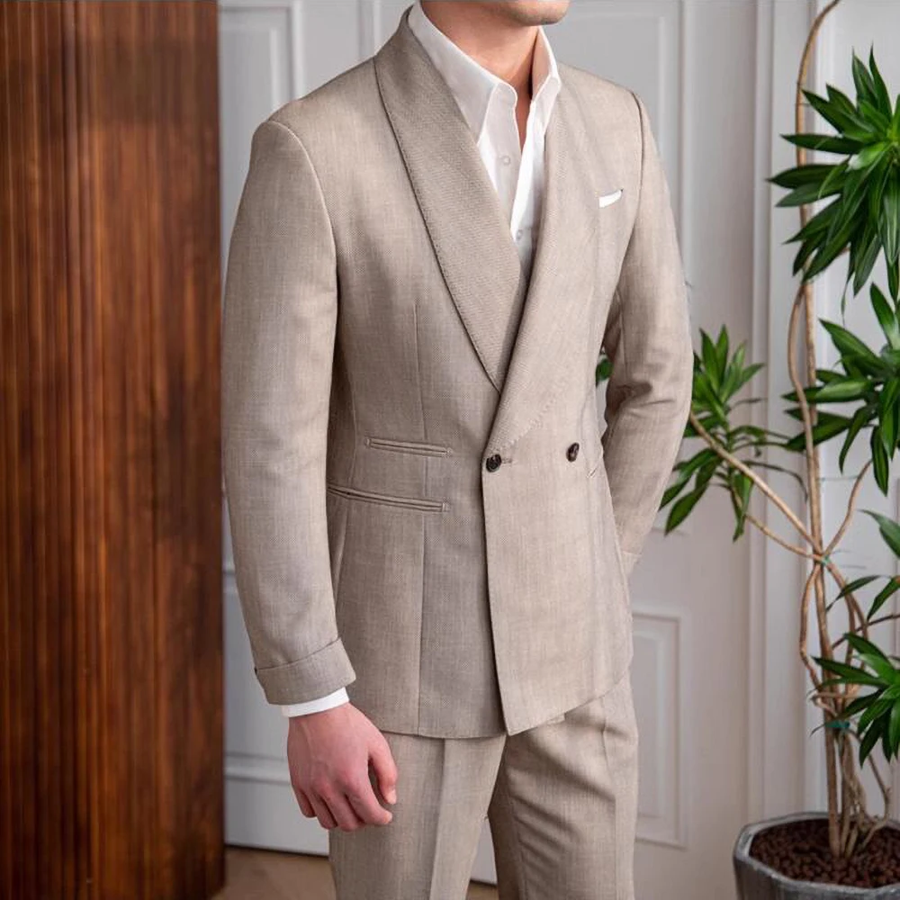 Summer New Men Suit Khaki Shawl Lapel Linen Male Suits Party Evening Dinner Formal Fashion Gentleman 2 Piece Blazer Pants