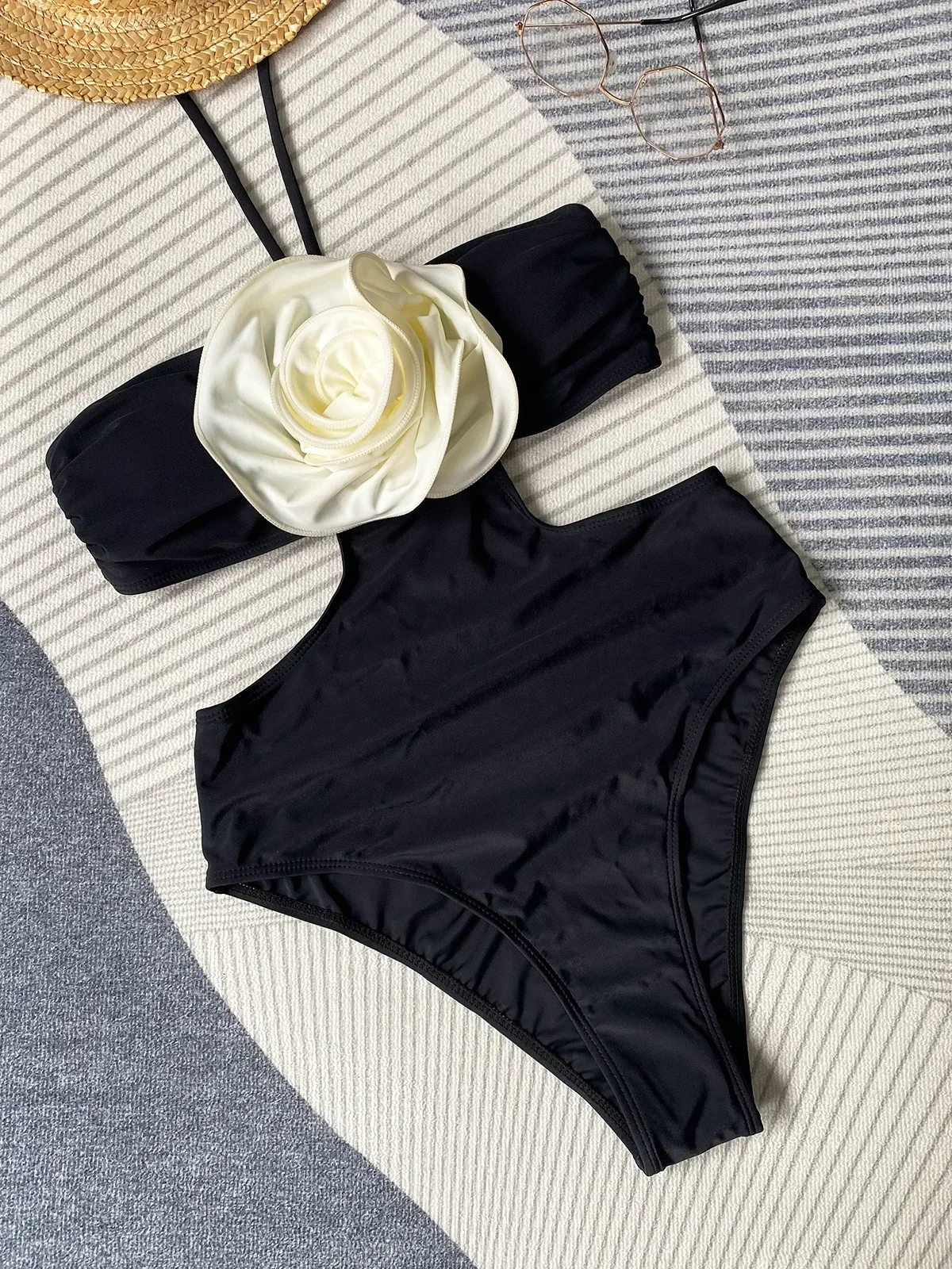 Sexy 3D Flower Halter Balck Swimwears Women One Piece Cut Out Swimsuit ...