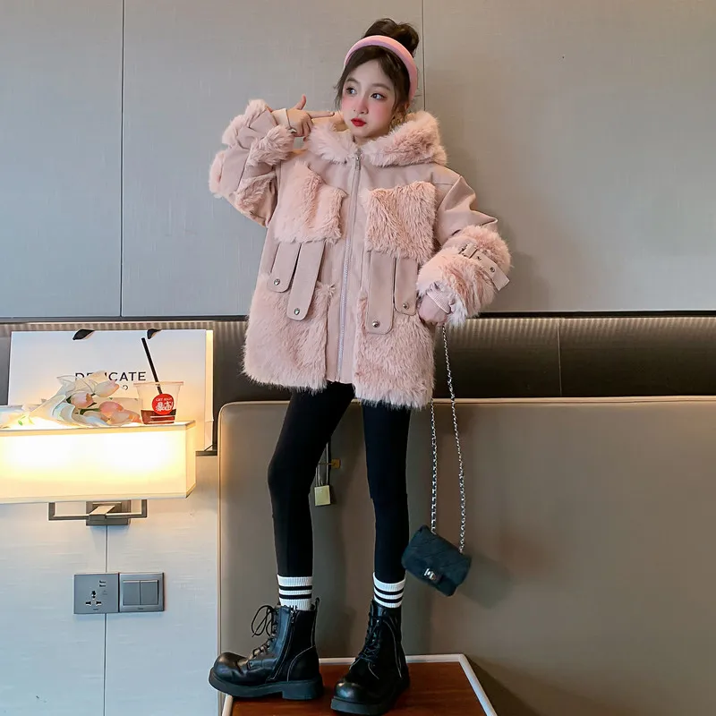 

2023 new winter Chinese University girls plus cotton plus velvet fur coat Korean version of foreign pink girl hooded fur coat