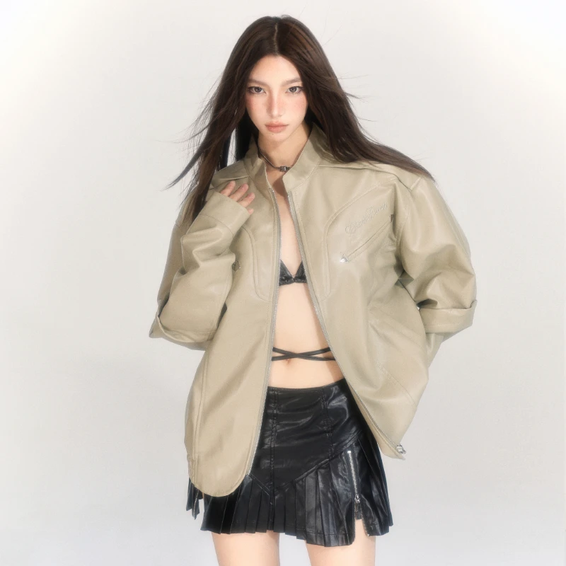 Leather Coat Women's Spring and Autumn American Retro Jacket Stand Collar Top Short Khaki Slim Fit Fashion All-Match Casual 1Pc