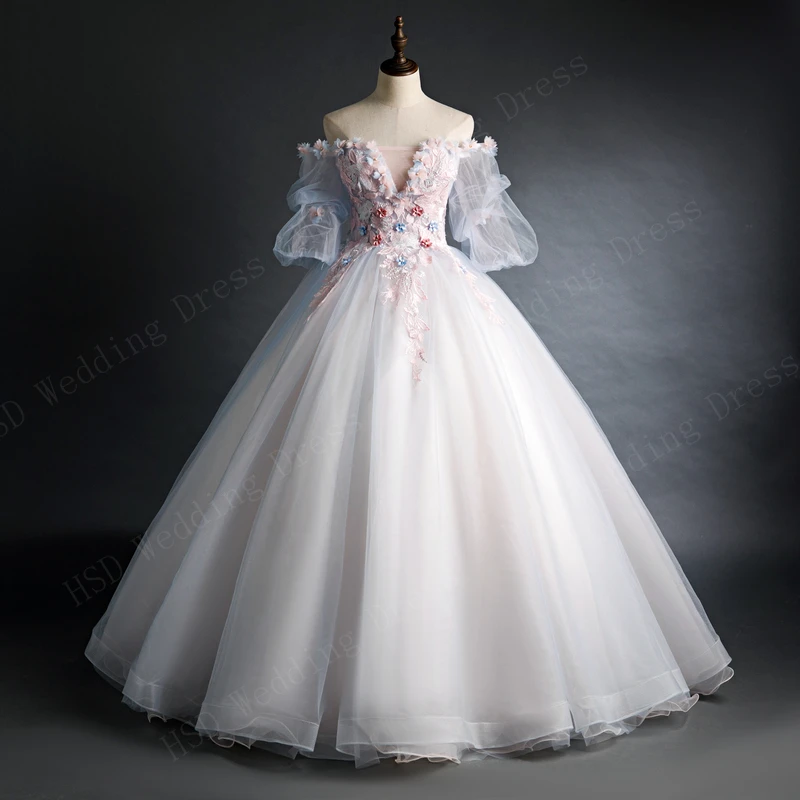Real Video Off Shoulder Quinceanera Dresses Sleeve with Appliques Bead Formal Party Dress Puffy Ball Gown Vestido