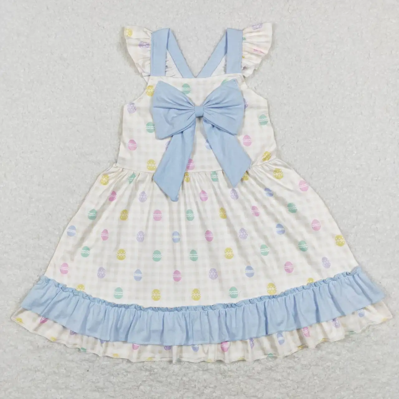 

Wholesale hot sale Kids Baby Girls Clothes Children's clothing Egg yellow-white plaid blue lace bow flying sleeve dress