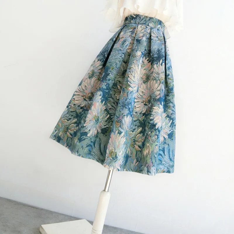 

New jacquard aline fashion embroidered blue white oil painting skirt spring autumn tutu skirt women