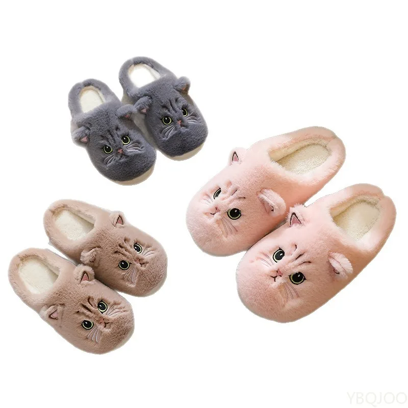 Cute Cat Slippers Fluffy Furry Women Home Platform Slippers Men Winter Plush Slides Indoor Fuzzy Slippers Lovely Cotton Shoes