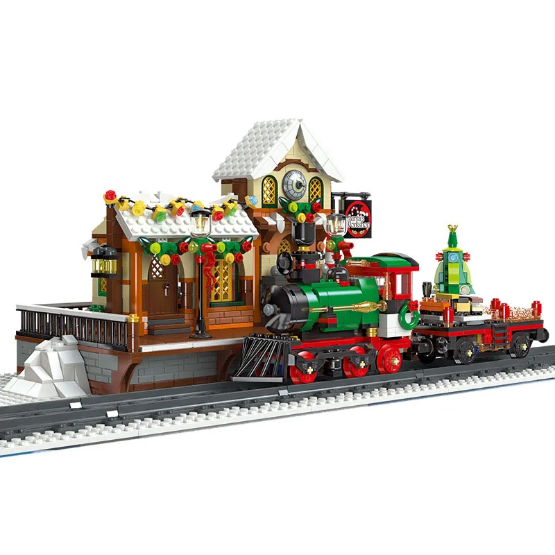 

Winter Christmas Train Station Block with Track Light DIY Railway Stop Building Brick Toy For Kids Boys