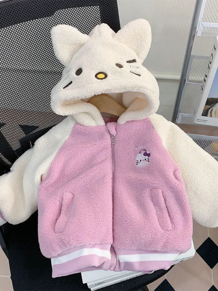 산리오 헬로 키티 여아 겨울 코트 양털 안감 두꺼운 면  소녀용 가을 및 겨울 2024 새로운 패셔너블 스타일