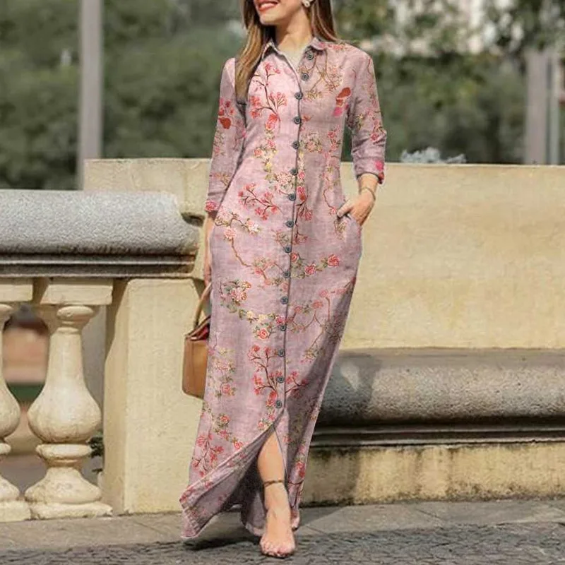 

Women's Fashion Positioning Printed Pocket Flip Collar Button Long Dress Spring And Autumn Elegant Women's Long Sleeved Dresses