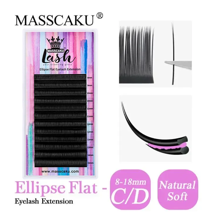MASSCAKU Superweiche Ellipse-Form-Wimpern, 0,15–0,20 Dicke, natürliche künstliche Nerz-Wimpernverlängerung, individuelles Logo, matte flache Wimpern