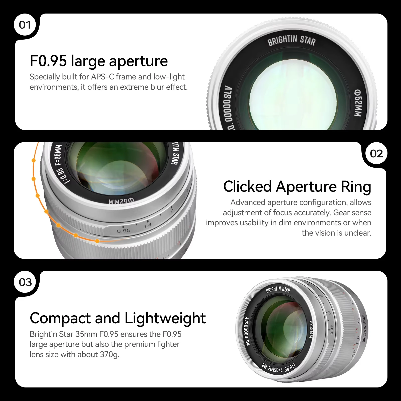 Brightin Star 35mm F0.95 Large Aperture APS-C Manual Focus Mirrorless Camera Lens for Sony E Nikon Z Fuji X for Canon RF EF-M 4