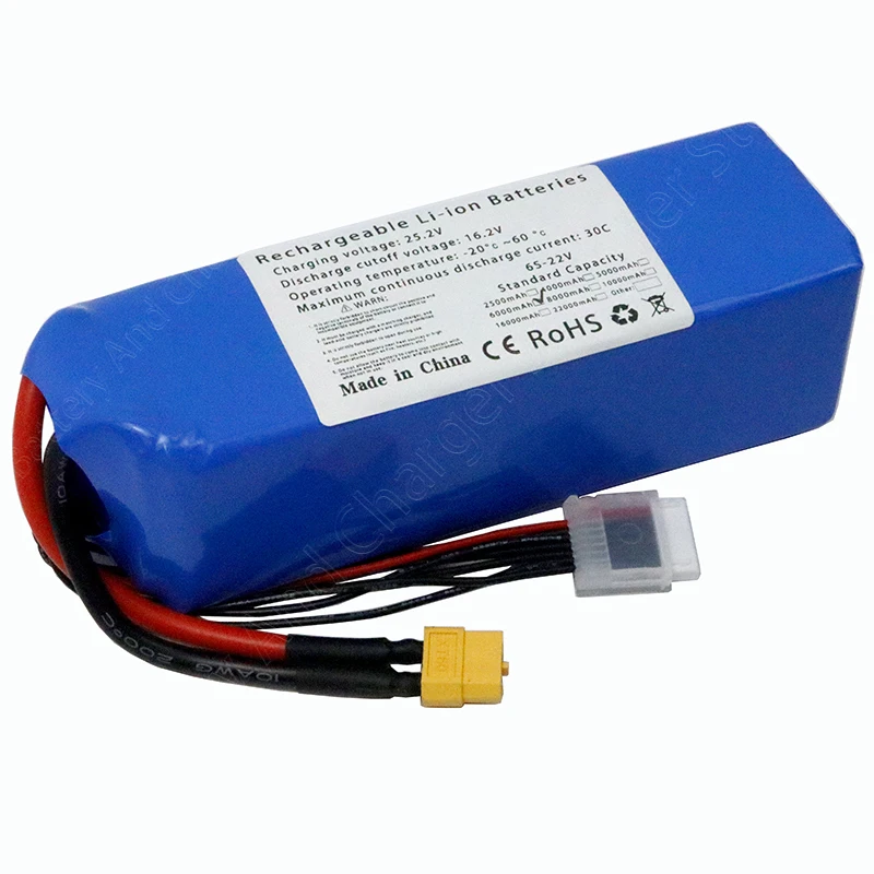 Connecteur XT60 doré sur batterie LiPo 22V 6S 2.5Ah à 10Ah pour RC, étiquette de capacité visible.