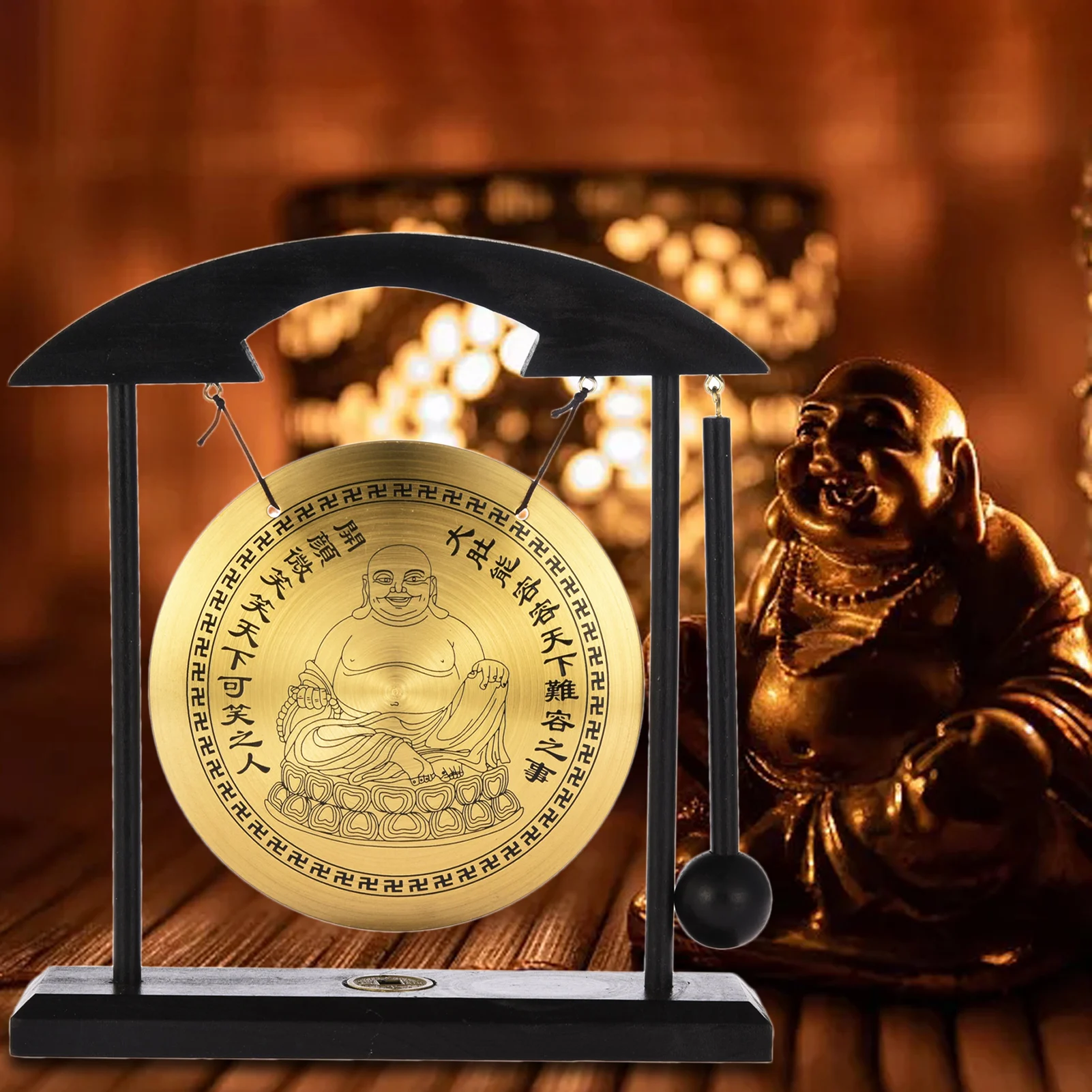 Feng Shui Desktop Gong Zen Art Brass Gone With Wooden Chime Seated Buddha Figurine Percussion Instruments For Zen Decor