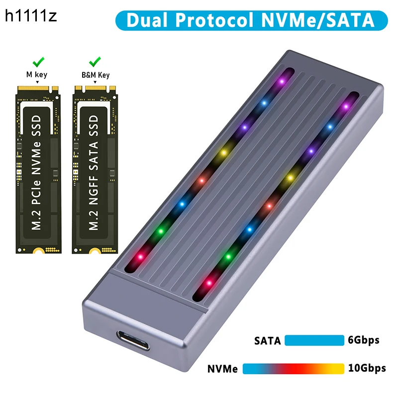 

Dual Protocol SSD Case NVME M.2 SATA SSD Enclosure RGB LED USB C 3.2 Gen2 NVMe NGFF 10G PCIe M2 SSD Portable External Box for PC