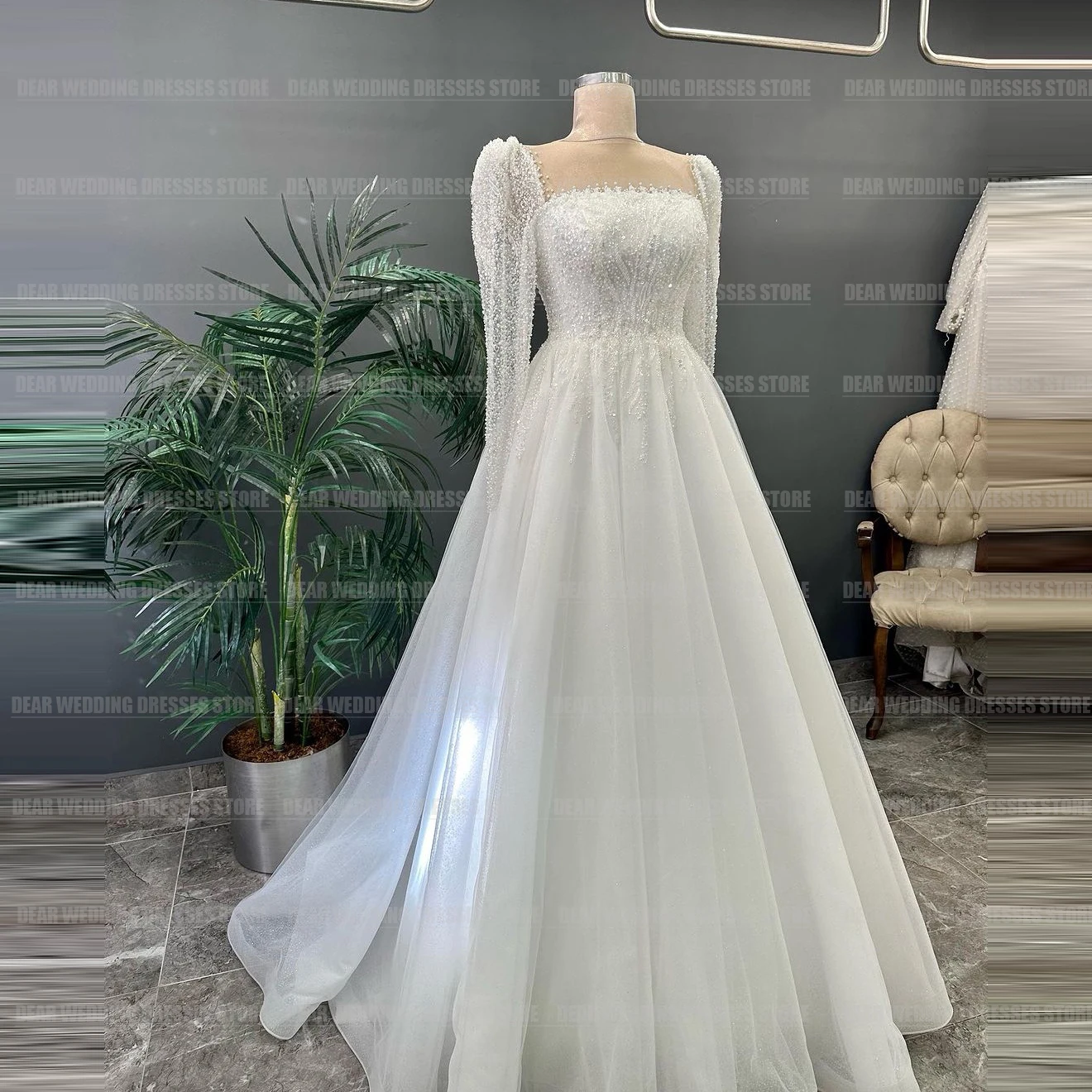 Simple Gentle Beads A Line Wedding Dresses Women's Sexy Square Collar Tulle Sequined Bridal Gowns Backless Vestidos Customized 2