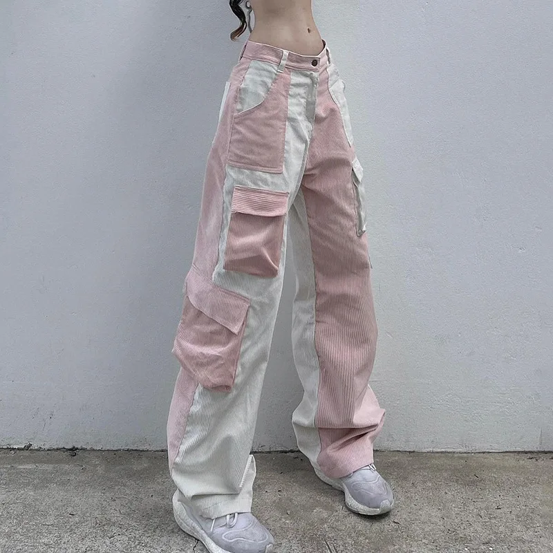

Corduroy Women's Trousers Contrast Patchwork Cargo Pants Y2K Harajuku Pockets Baggy Casual High Waisted Sweatpants 2023