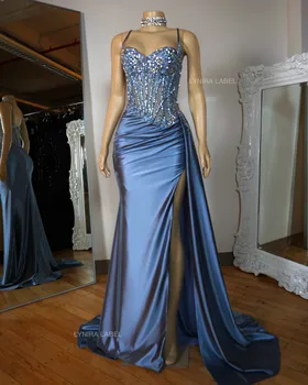 Sparkly Blue Evening Dresses Lace Crtsyals Sleeveless Prom Gowns Sweetheart Floor Length Customized Special Occasion Dresses 1