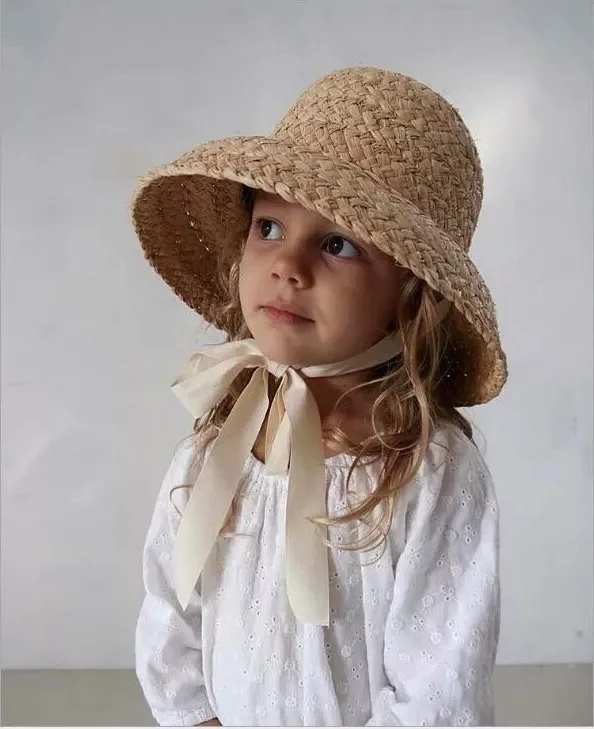 Children Hand-knitted Raffia Retro Flat Top Sun Hats Girls and Boys Summer Travel Sunscreen Vacation Straw Hat with Lacing straw hat outdoor sun hat baby sun hat
