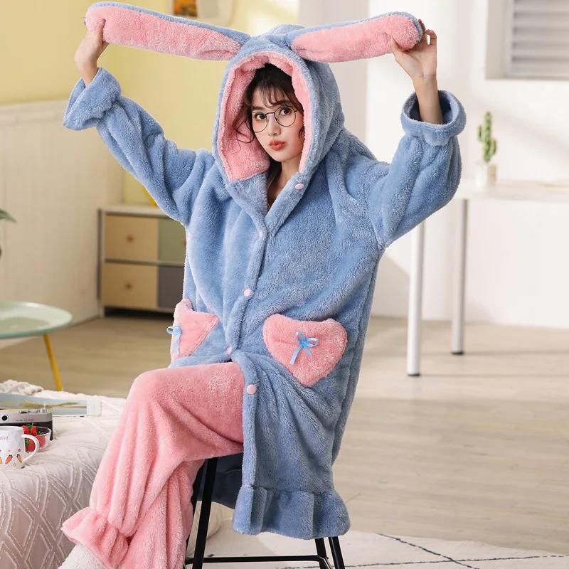 Women Winter Flannel Pajamas Set Fleece Hooded Nightgown Thick Warm Velvet Female Sleepwear Homewear Sweet Lovely Nightdress