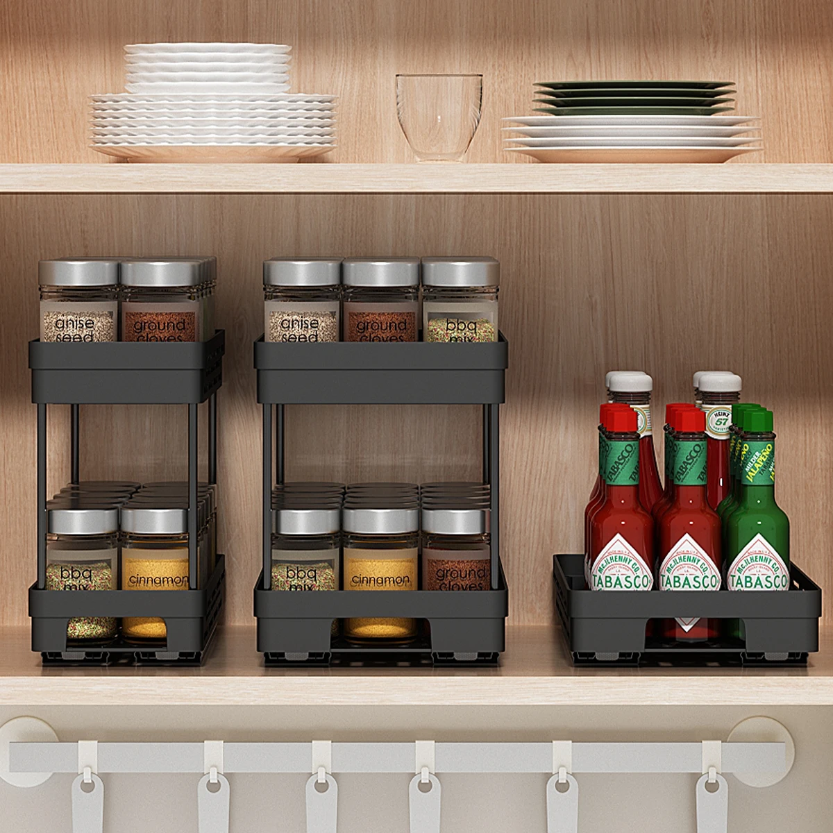 WORTHBUY 2 Tier Seasoning Bottle Sliding Storage Rack Cabinet Multipurpose Drawer Organizer Shelf Plastic Kitchenware Spice Rack 3