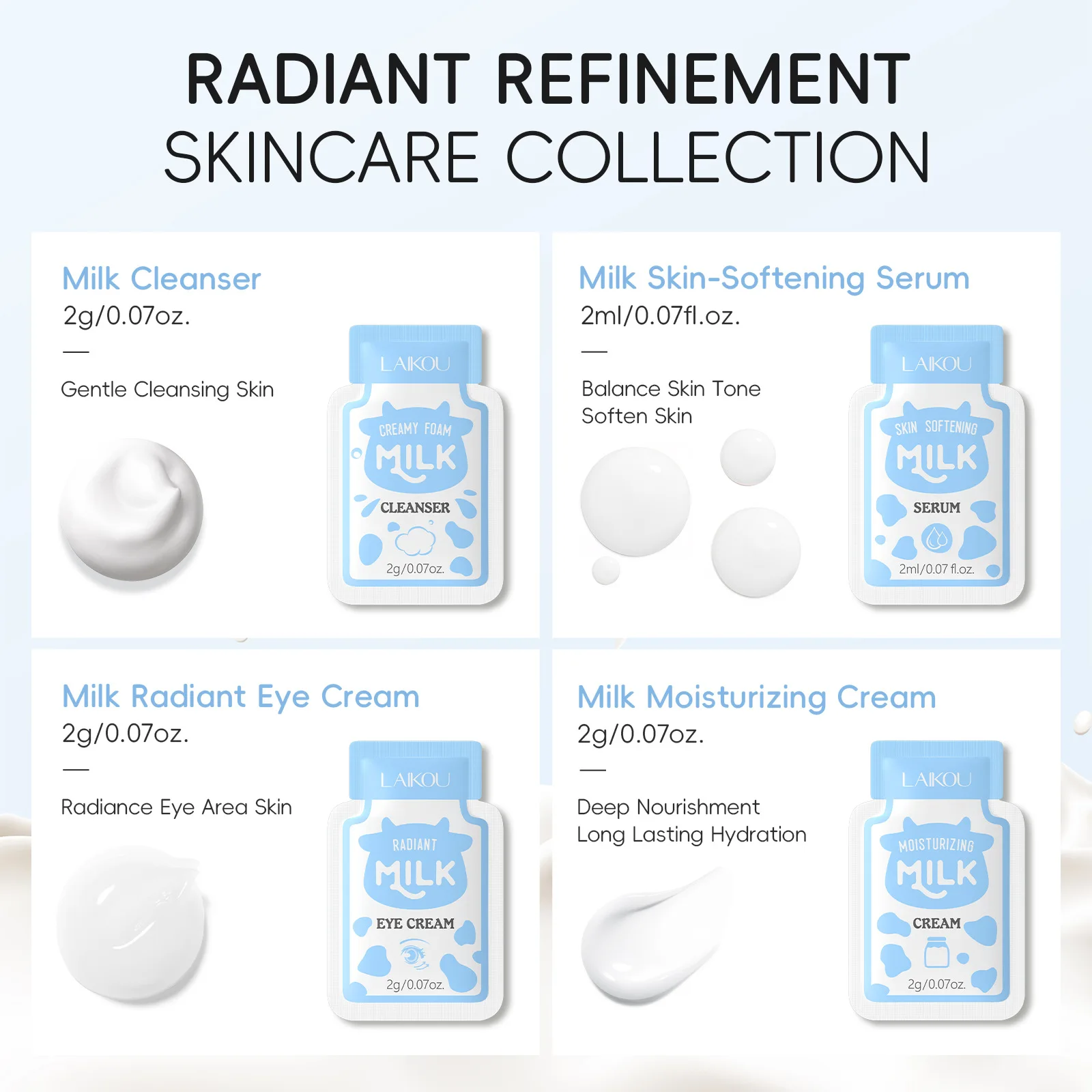 (Facial Cleanser + Eye Cream + Essence + Moisturizing Cream) 2ml, Easy To Carry During Travel, Suitable for Both Men and Women.