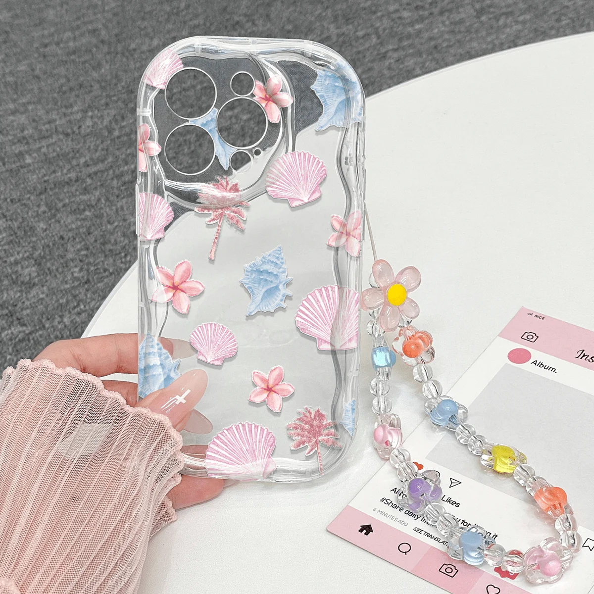 Chic Beaded Shell Flower Phone Case with Ripple Border Cover