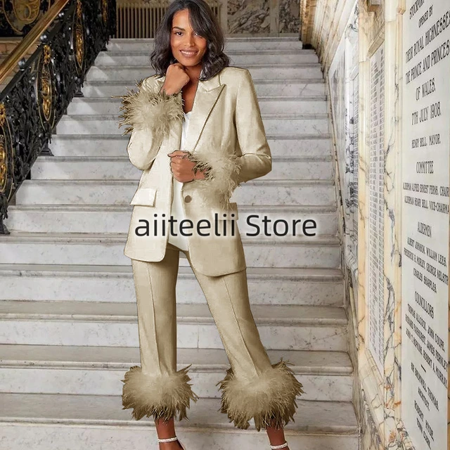 Women's Party Dress Suit 2 Piece White Formal Feather Trim Blazer Pant Suit  Lady Slim Fit