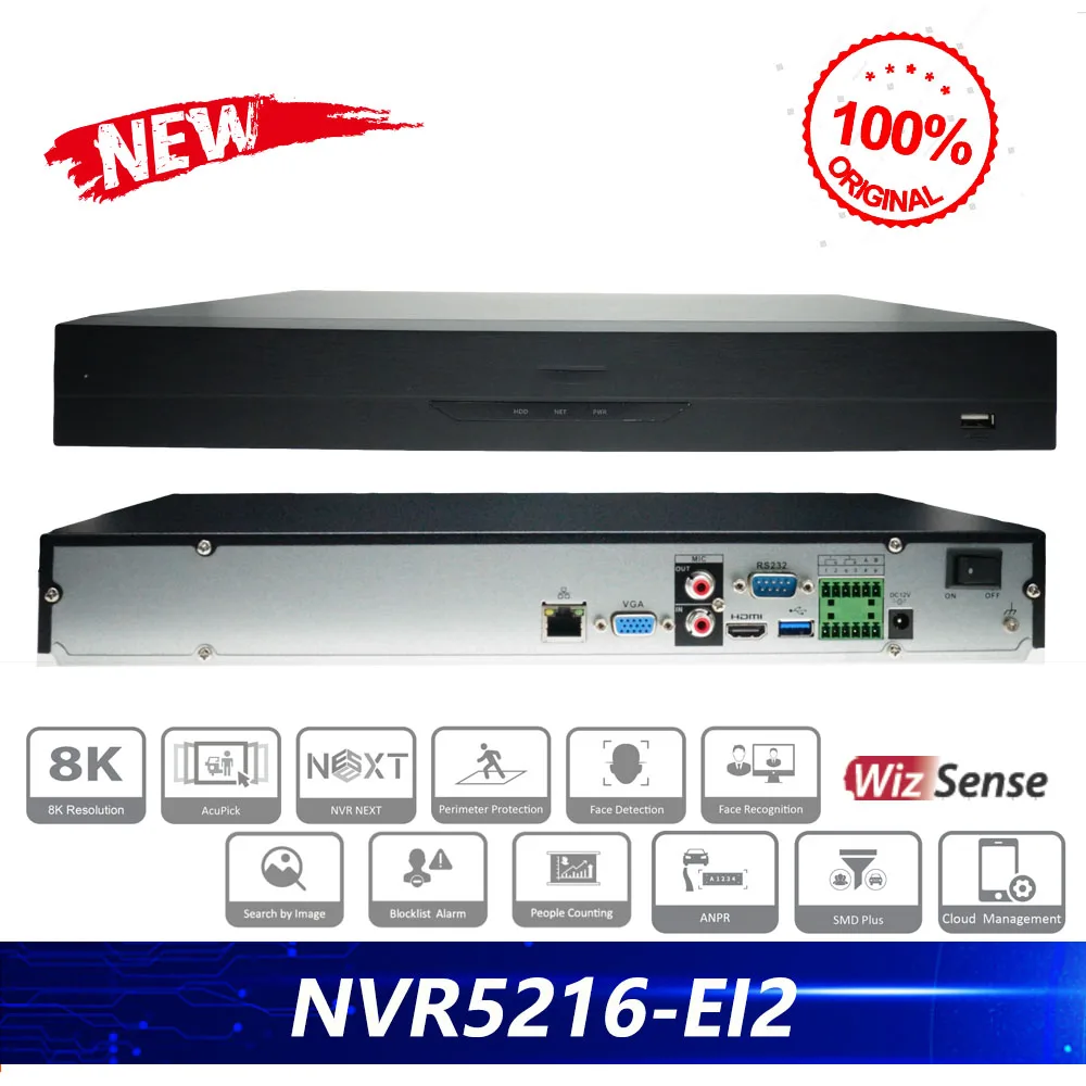 Dahua Original NVR5216-EI2 16CH 1U 2HDDs WizSense Network Video Recorder Supports 8K HDMI Output Supports N+M Cluster and ISCSI 1