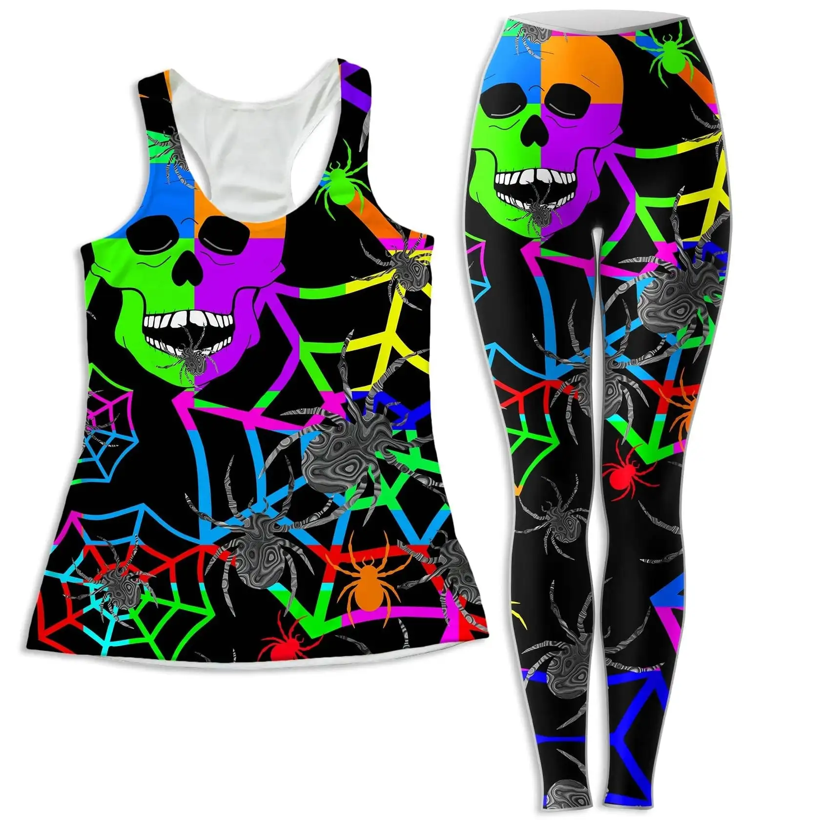

Skull Halloween Spider Web Print Women's Tank and Leggings Combo Slim Fit Yoga Leggings Outfit Vest Suit 5 Styles