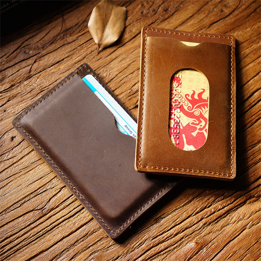 

Simple Card Holder With 2 Card Slots Crazy Horse Leather Men Business Card Holder Customizable Wholesale